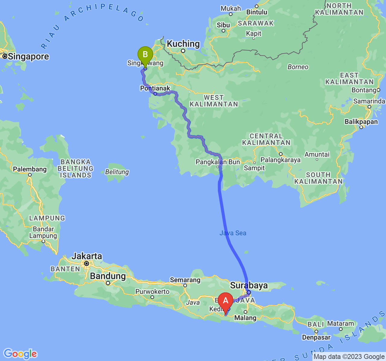 rute perjalanan Kab. Tulungagung-Kota Singkawang