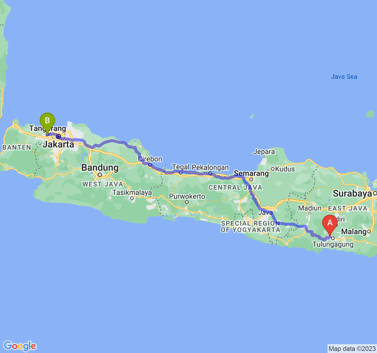 rute perjalanan Kab. Tulungagung-Kota Tangerang