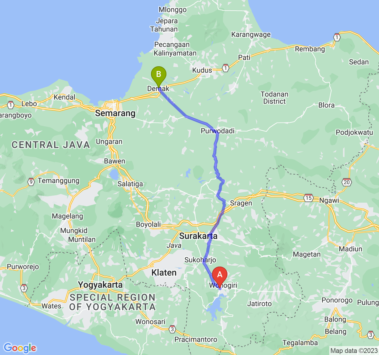 rute perjalanan Kab. Wonogiri-Kab. Demak