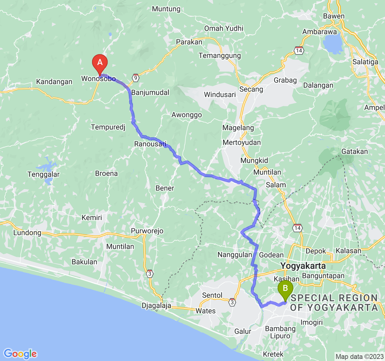 rute perjalanan Kab. Wonosobo-Kab. Bantul