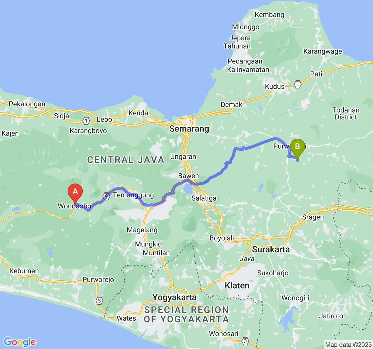 rute perjalanan Kab. Wonosobo-Kab. Grobogan