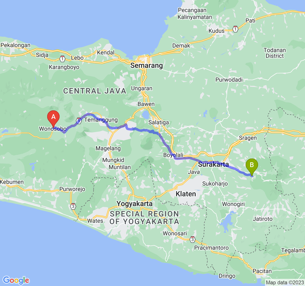 rute perjalanan Kab. Wonosobo-Kab. Karanganyar