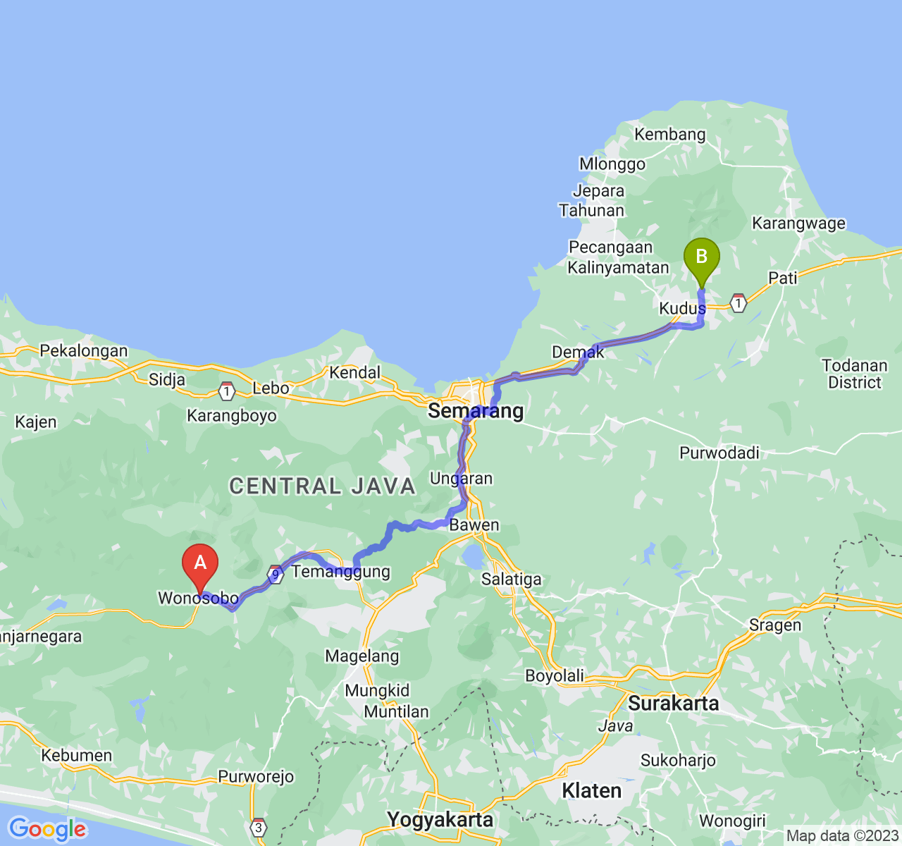 rute perjalanan Kab. Wonosobo-Kab. Kudus