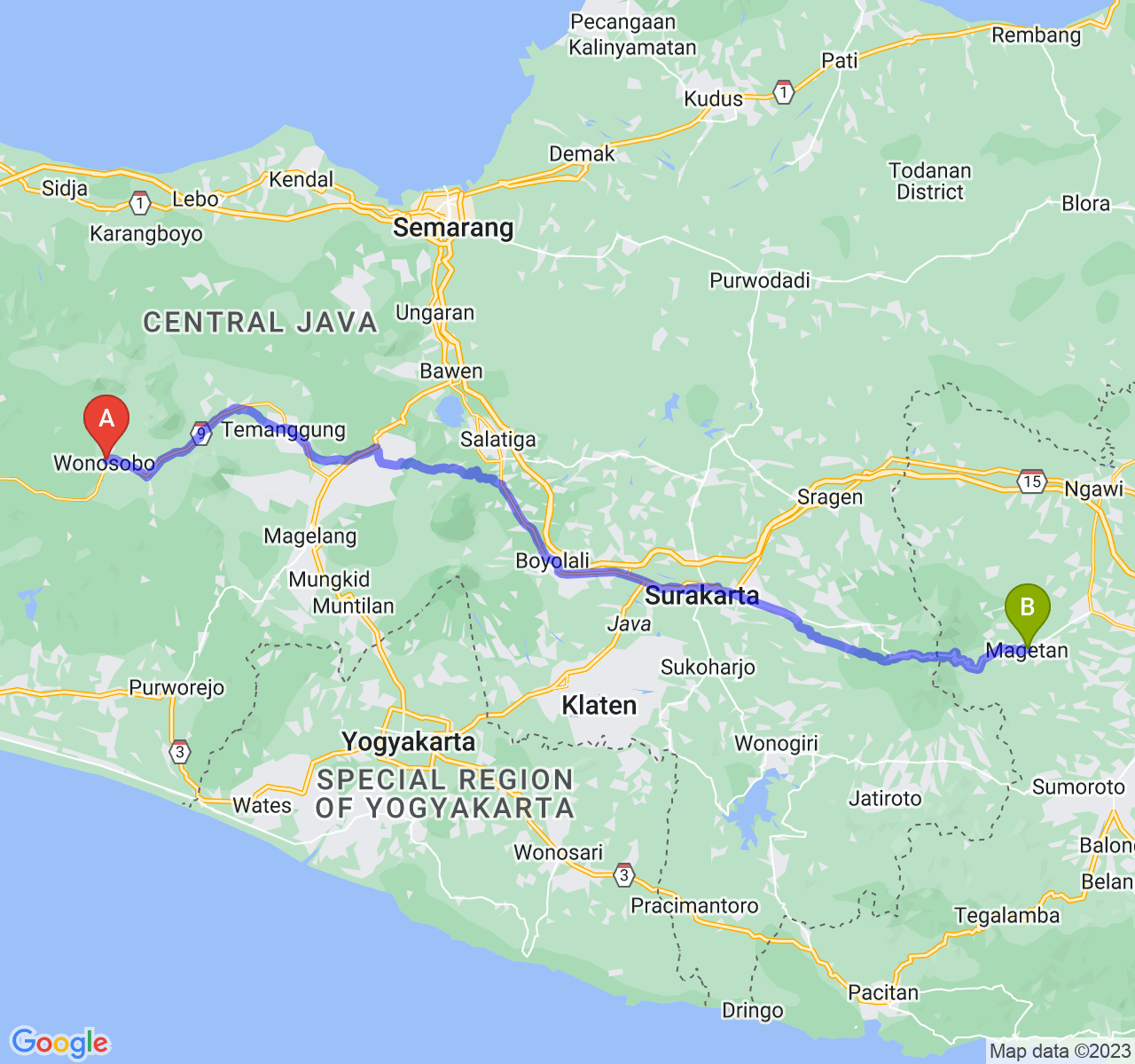 rute perjalanan Kab. Wonosobo-Kab. Magetan