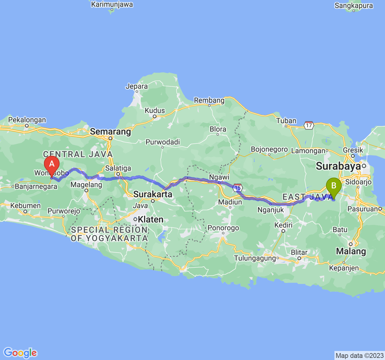 rute perjalanan Kab. Wonosobo-Kab. Mojokerto