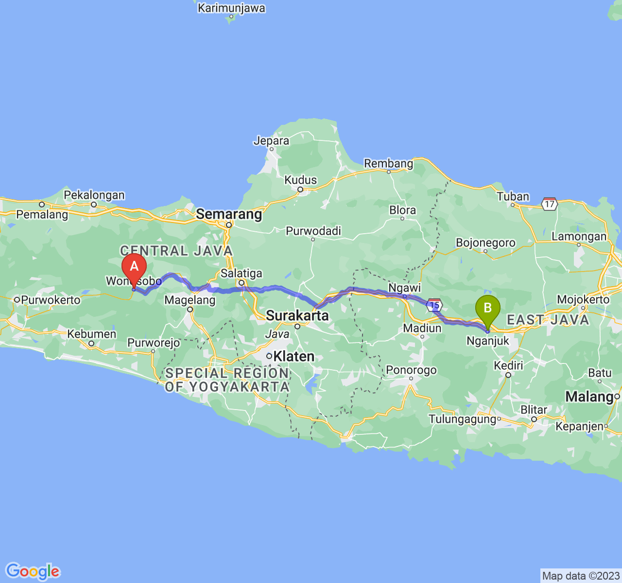 rute perjalanan Kab. Wonosobo-Kab. Nganjuk