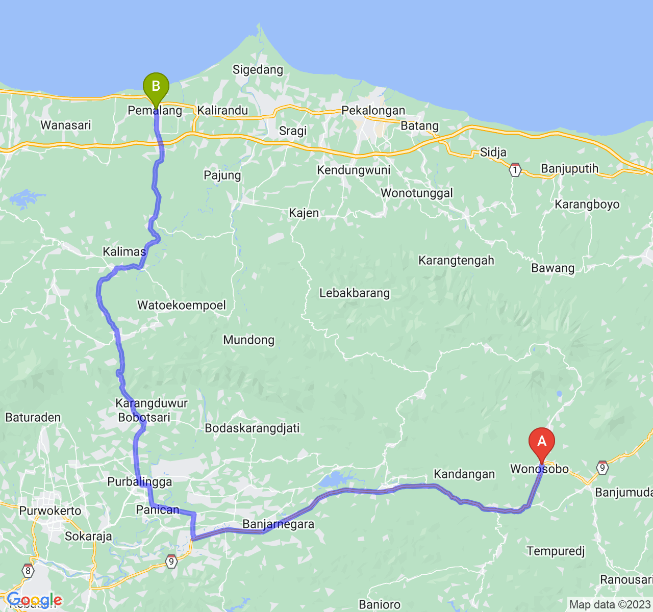 rute perjalanan Kab. Wonosobo-Kab. Pemalang