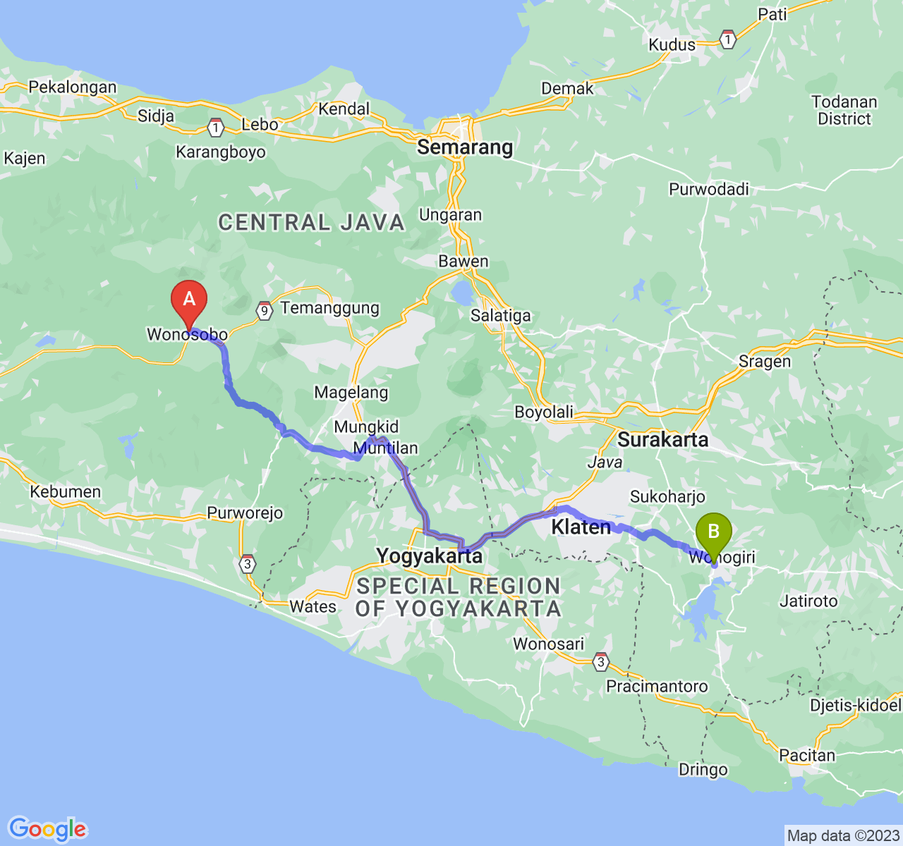 rute perjalanan Kab. Wonosobo-Kab. Wonogiri