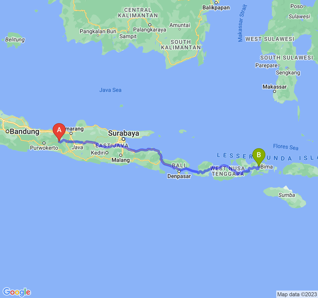 rute perjalanan Kab. Wonosobo-Kota Bima