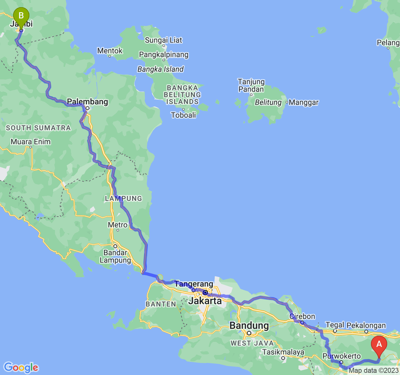 rute perjalanan Kab. Wonosobo-Kota Jambi