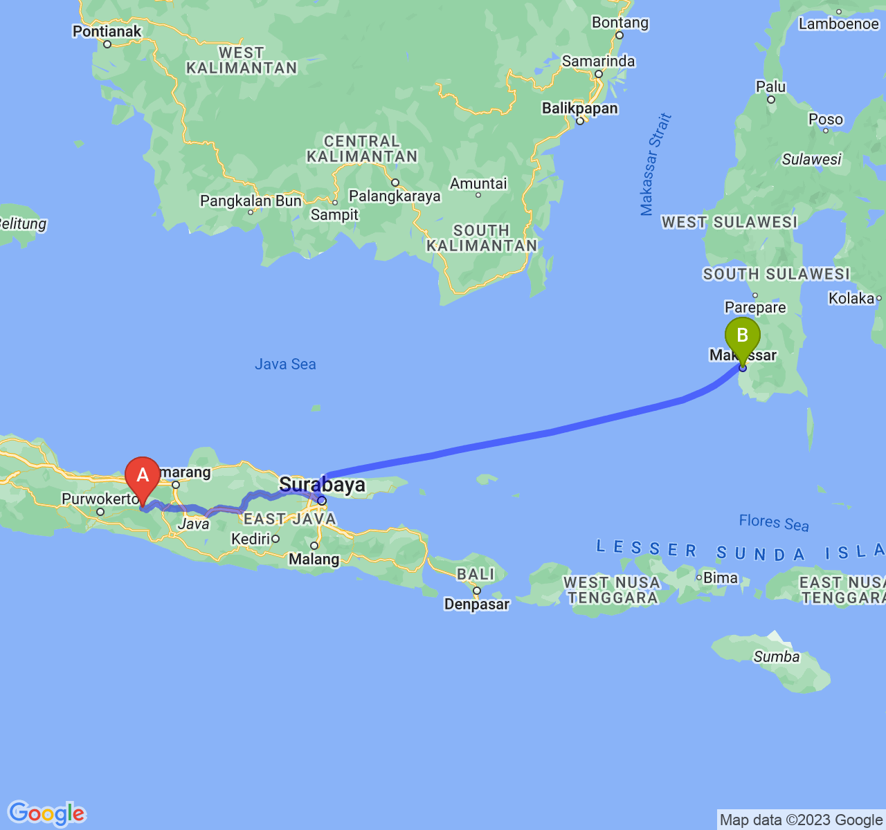 rute perjalanan Kab. Wonosobo-Kota Makassar