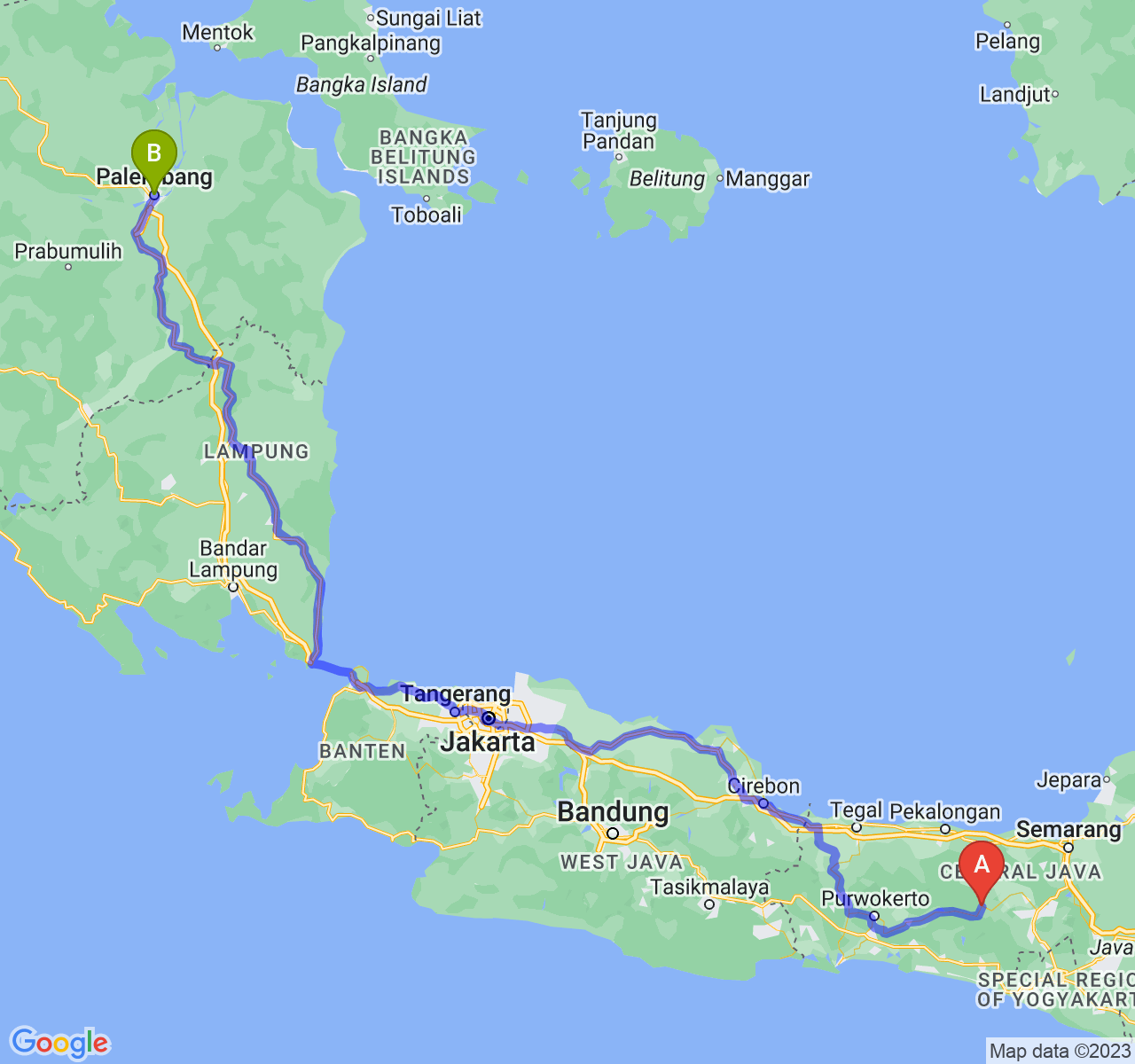 rute perjalanan Kab. Wonosobo-Kota Palembang