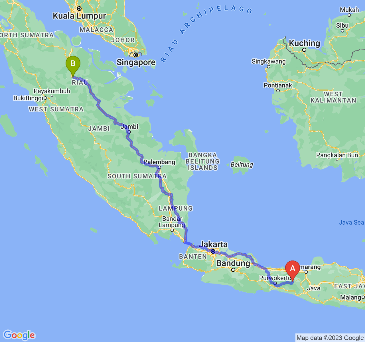 rute perjalanan Kab. Wonosobo-Kota Pekanbaru