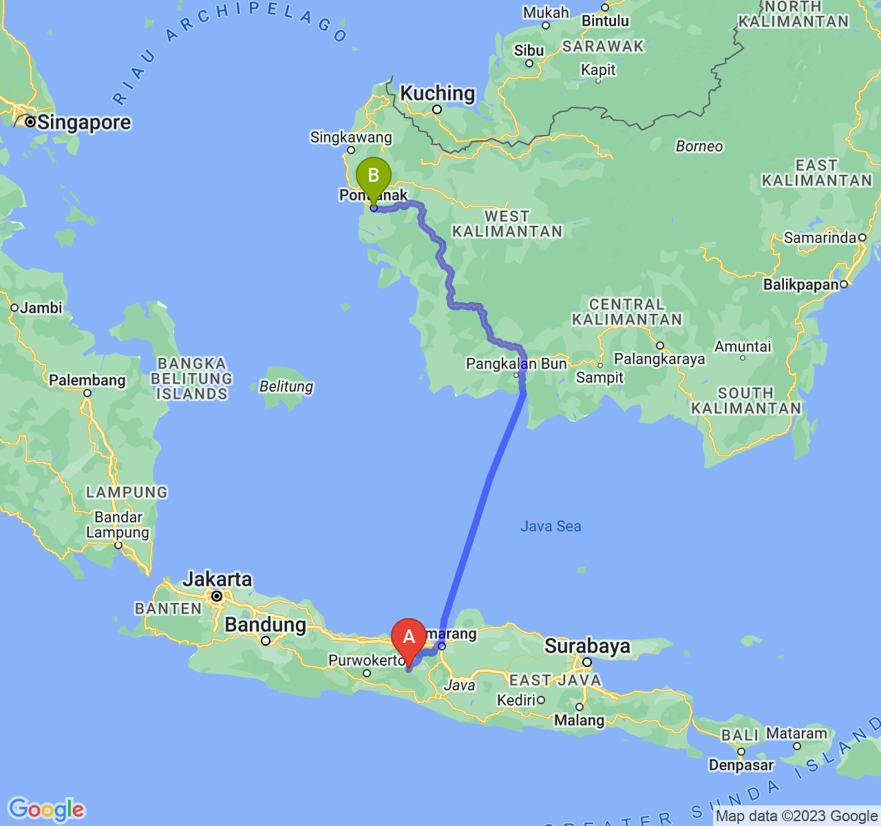 rute perjalanan Kab. Wonosobo-Kota Pontianak