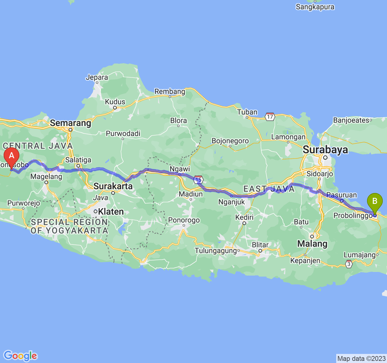 rute perjalanan Kab. Wonosobo-Kota Probolinggo