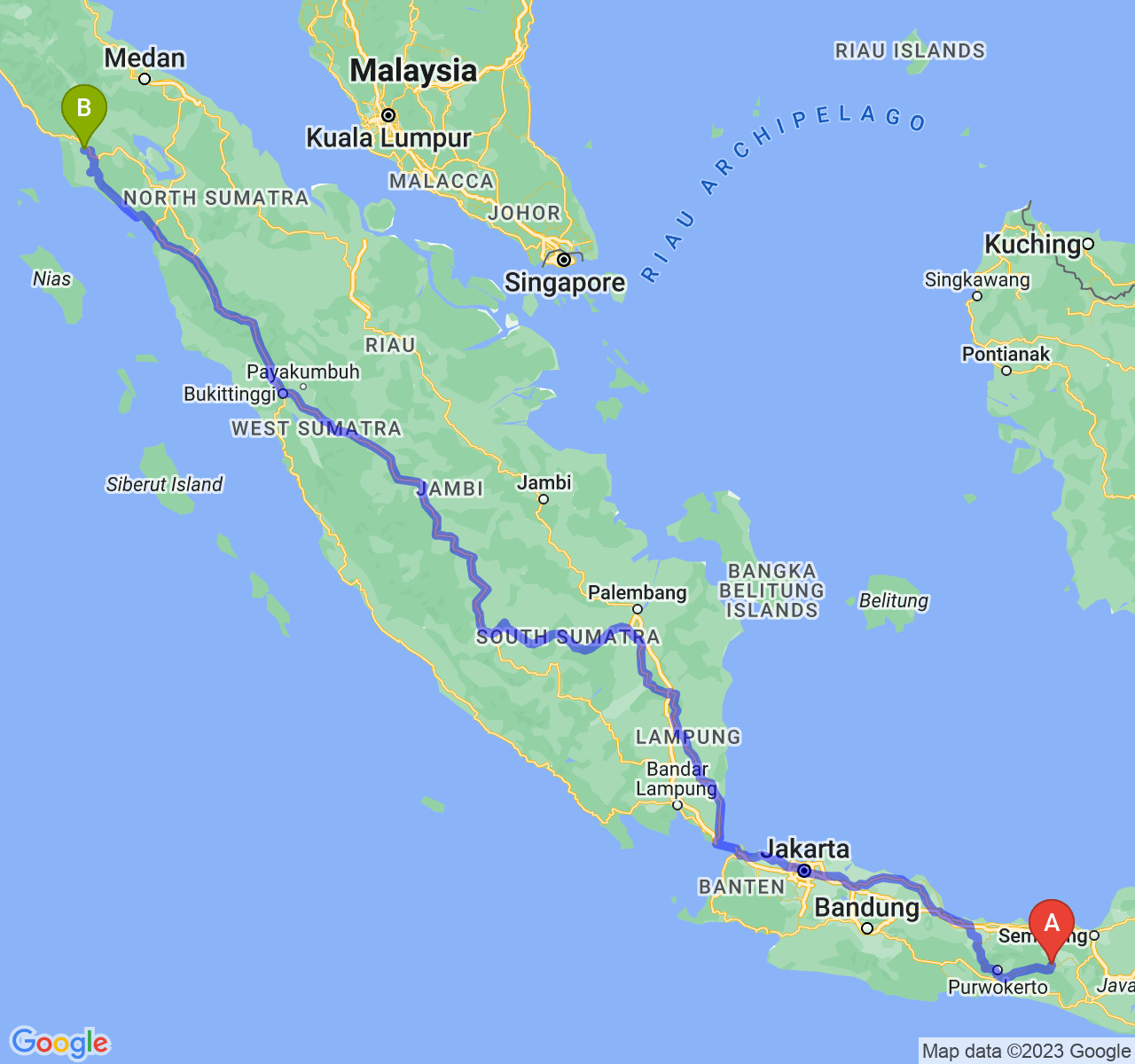 rute perjalanan Kab. Wonosobo-Kota Subulussalam