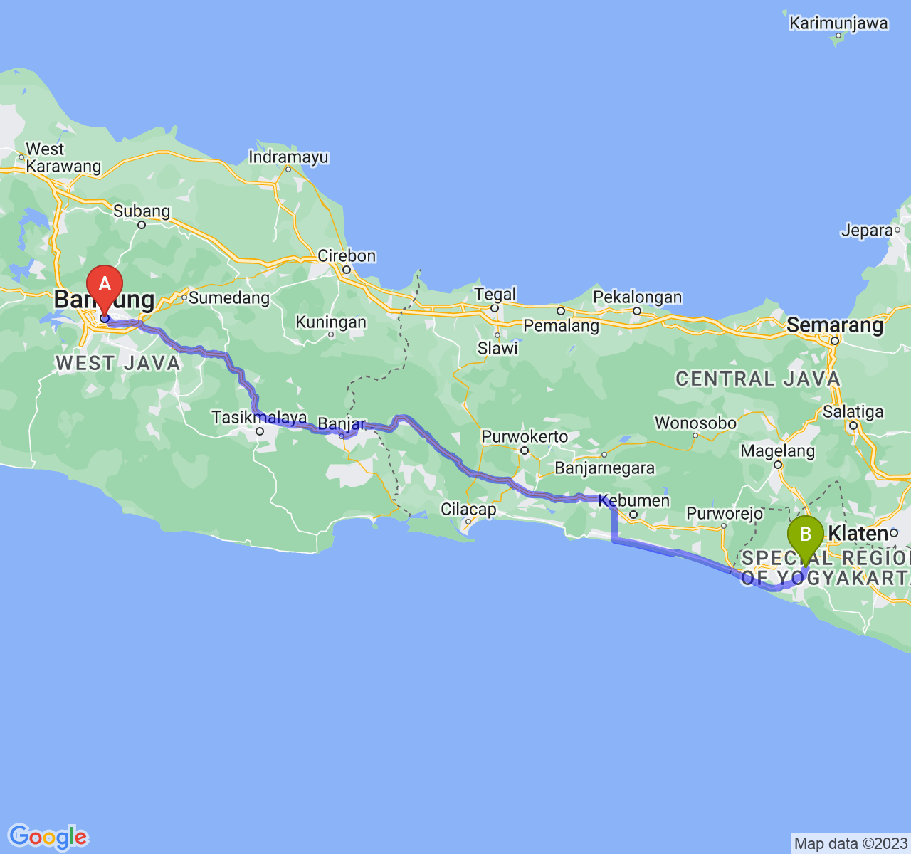 rute perjalanan Kota Bandung-Kab. Bantul