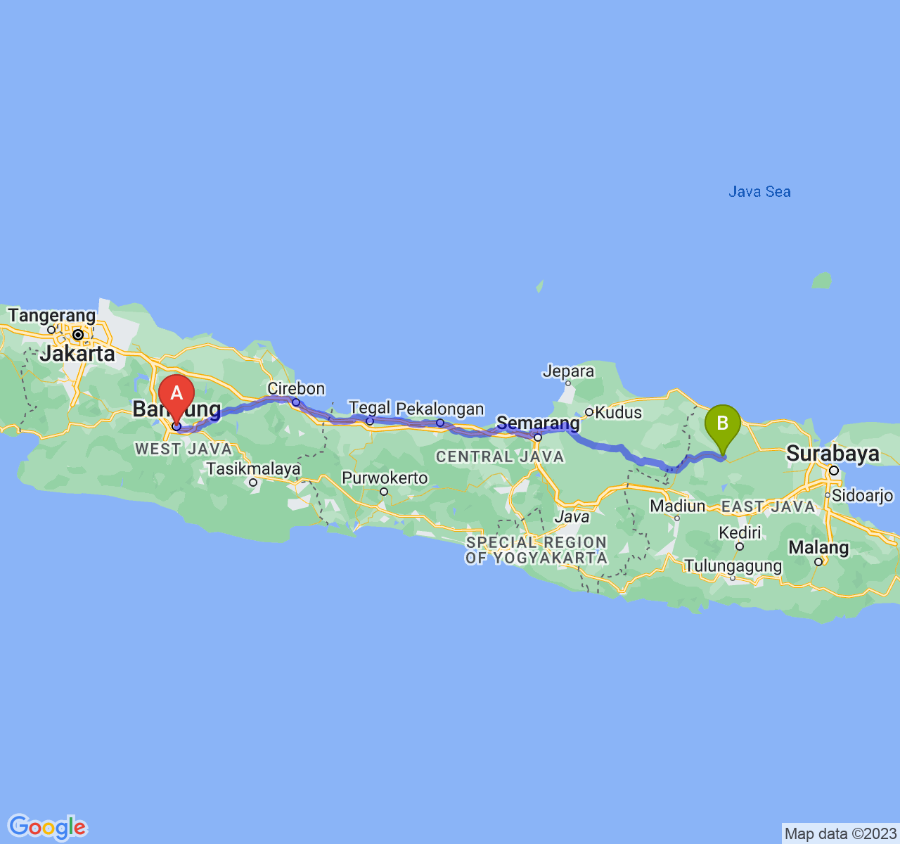 rute perjalanan Kota Bandung-Kab. Bojonegoro