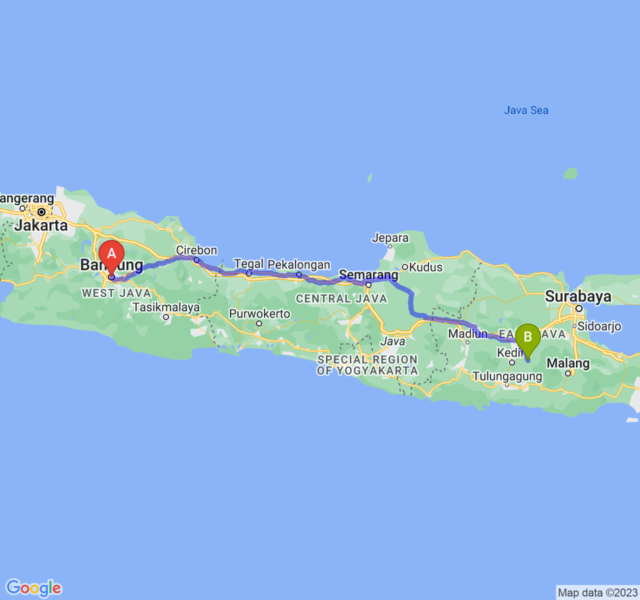 rute perjalanan Kota Bandung-Kab. Kediri