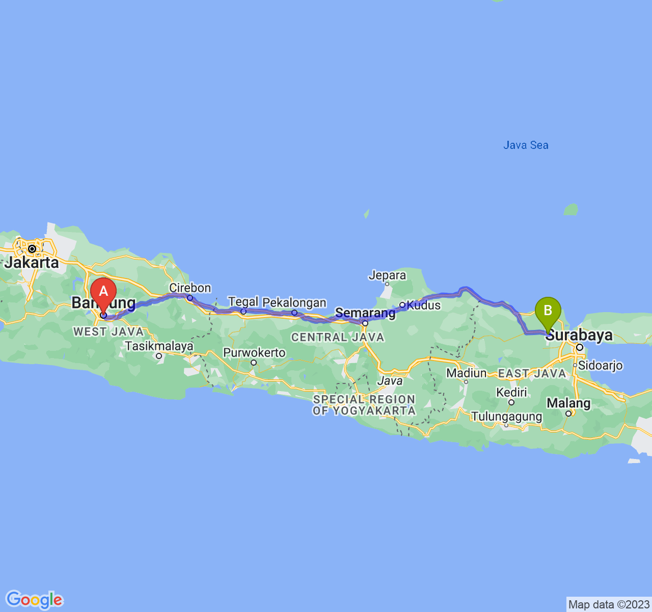 rute perjalanan Kota Bandung-Kab. Lamongan