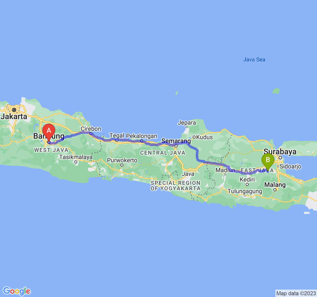 rute perjalanan Kota Bandung-Kab. Mojokerto