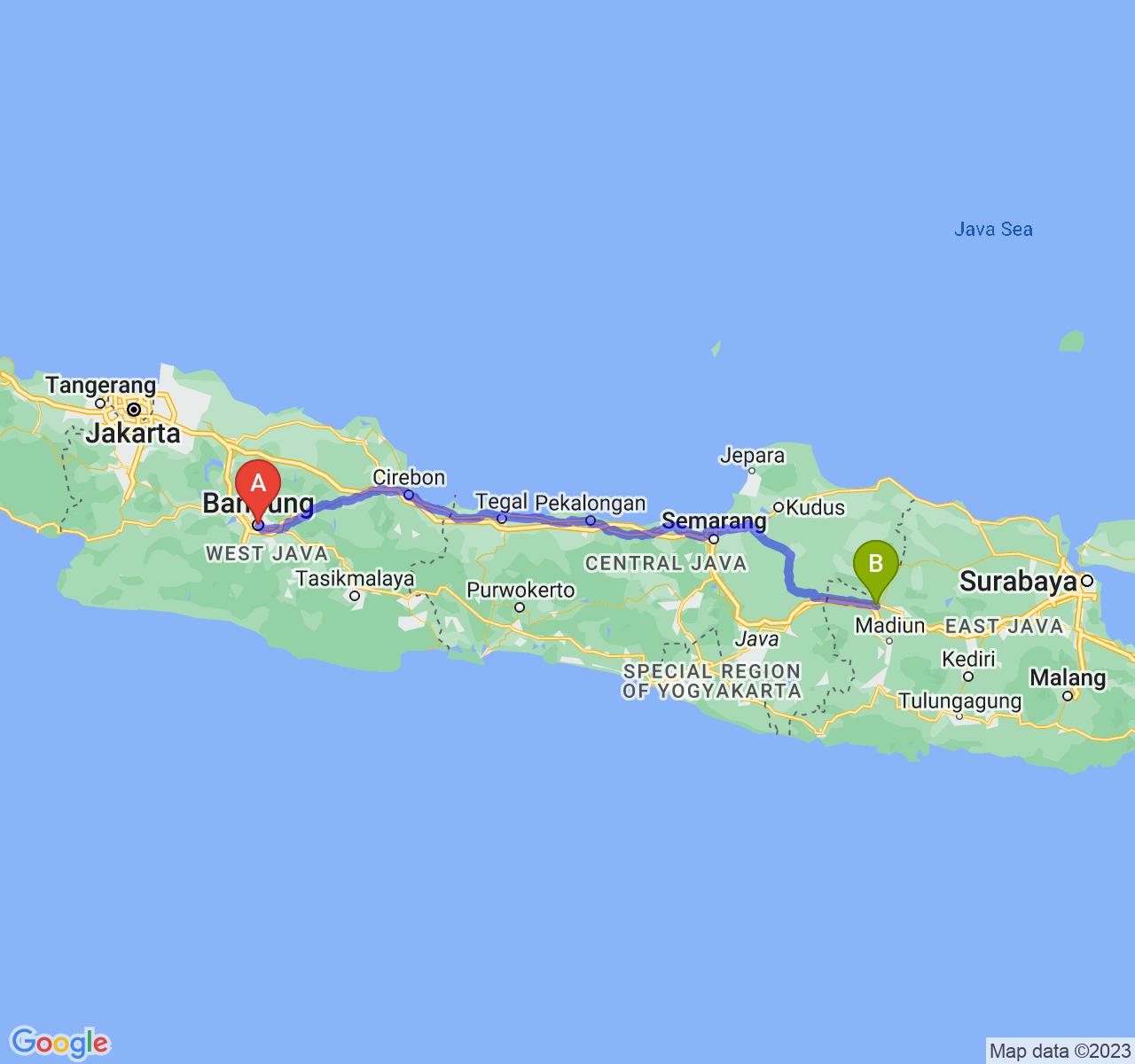 rute perjalanan Kota Bandung-Kab. Ngawi