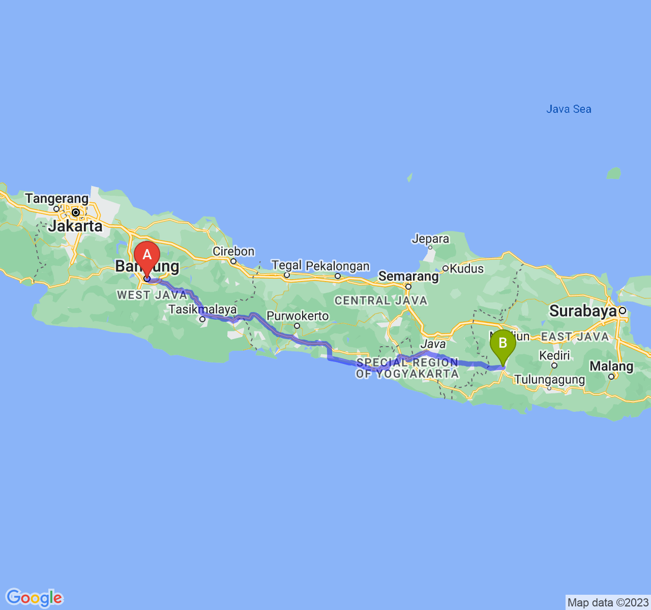 rute perjalanan Kota Bandung-Kab. Ponorogo