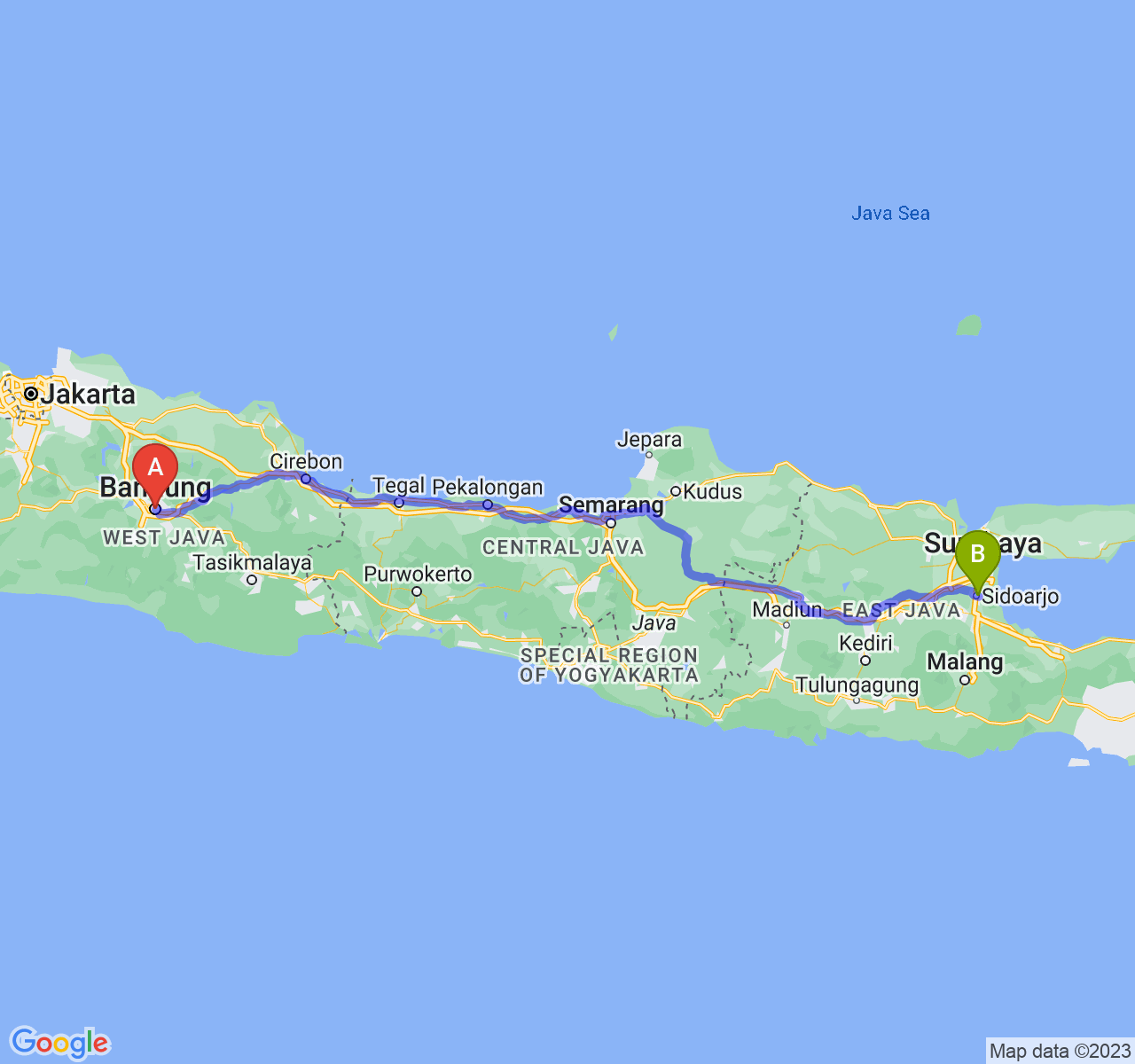 rute perjalanan Kota Bandung-Kab. Sidoarjo