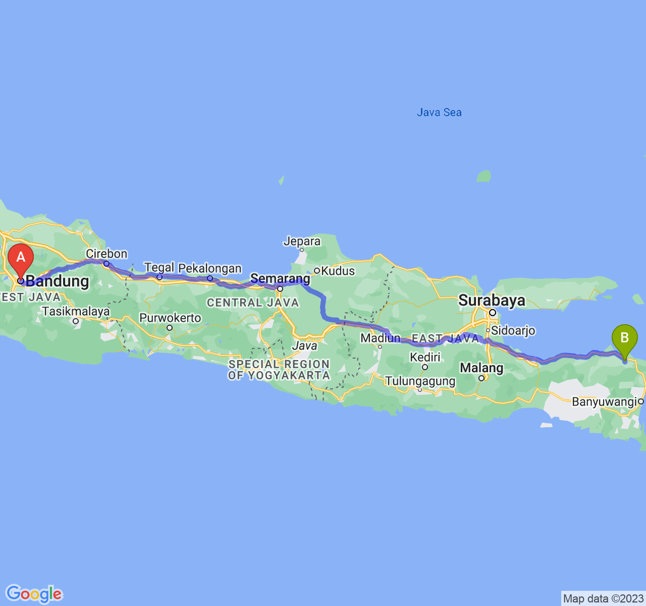 rute perjalanan Kota Bandung-Kab. Situbondo