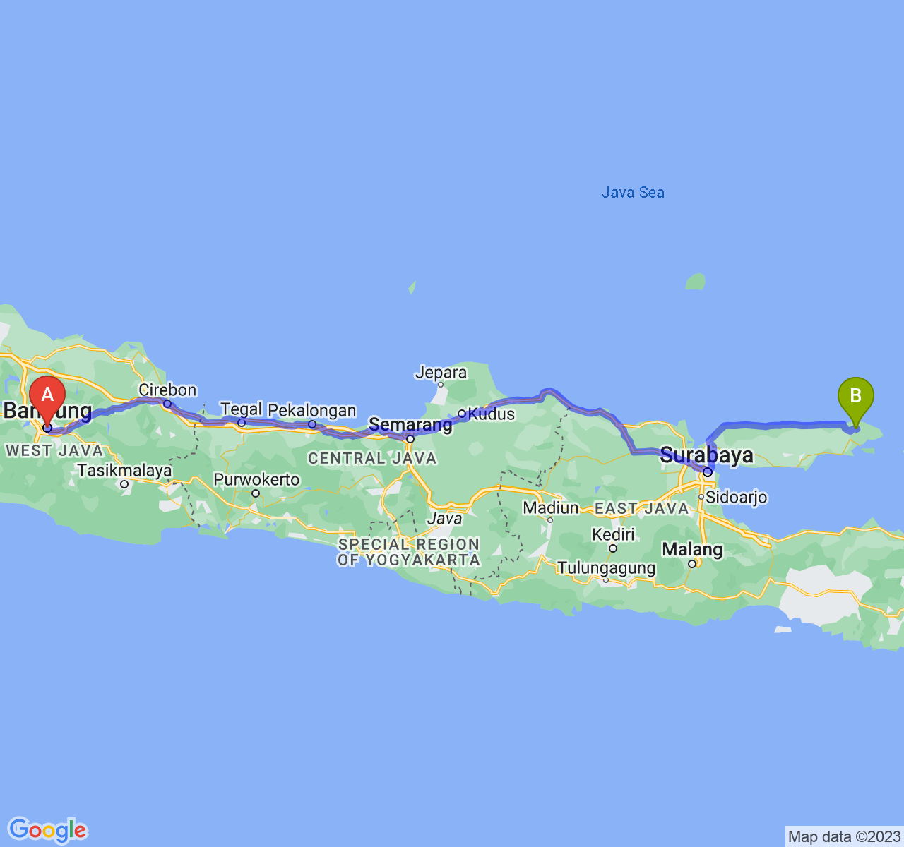 rute perjalanan Kota Bandung-Kab. Sumenep