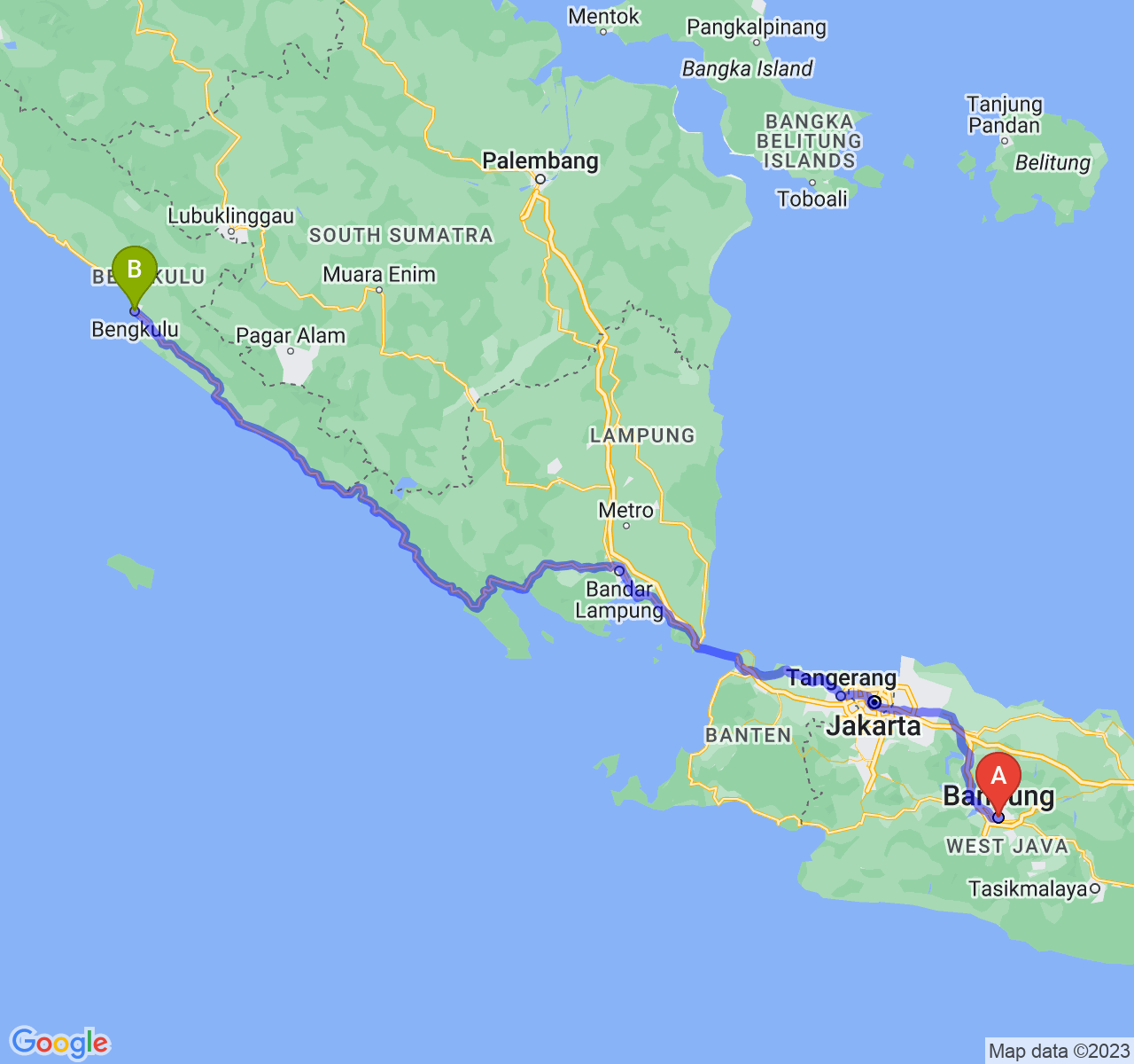 rute perjalanan Kota Bandung-Kota Bengkulu