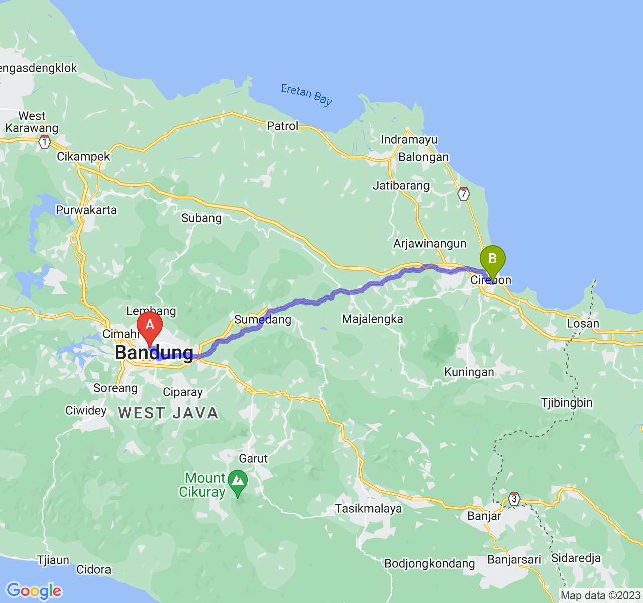 rute perjalanan Kota Bandung-Kota Cirebon