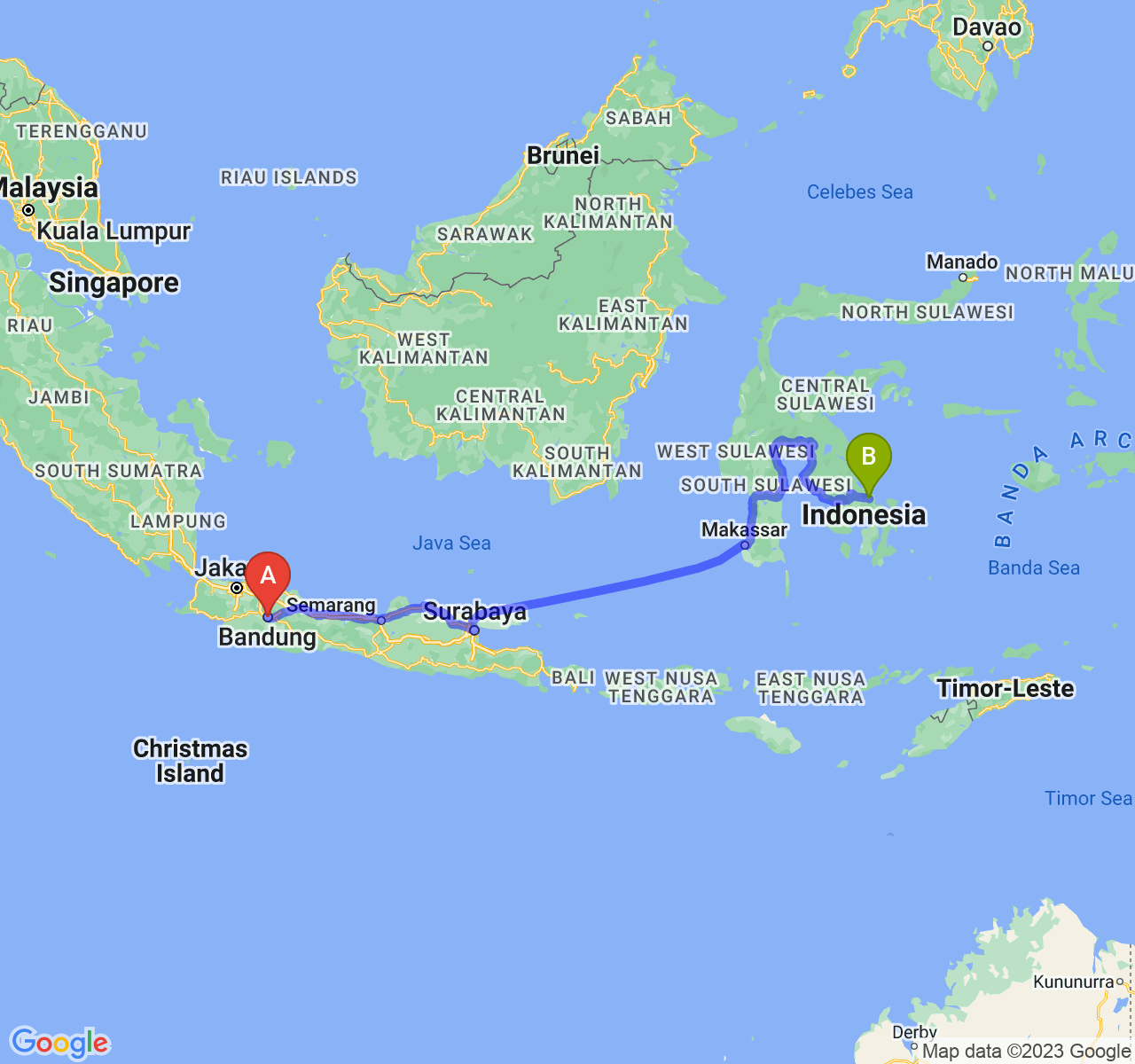 rute perjalanan Kota Bandung-Kota Kendari