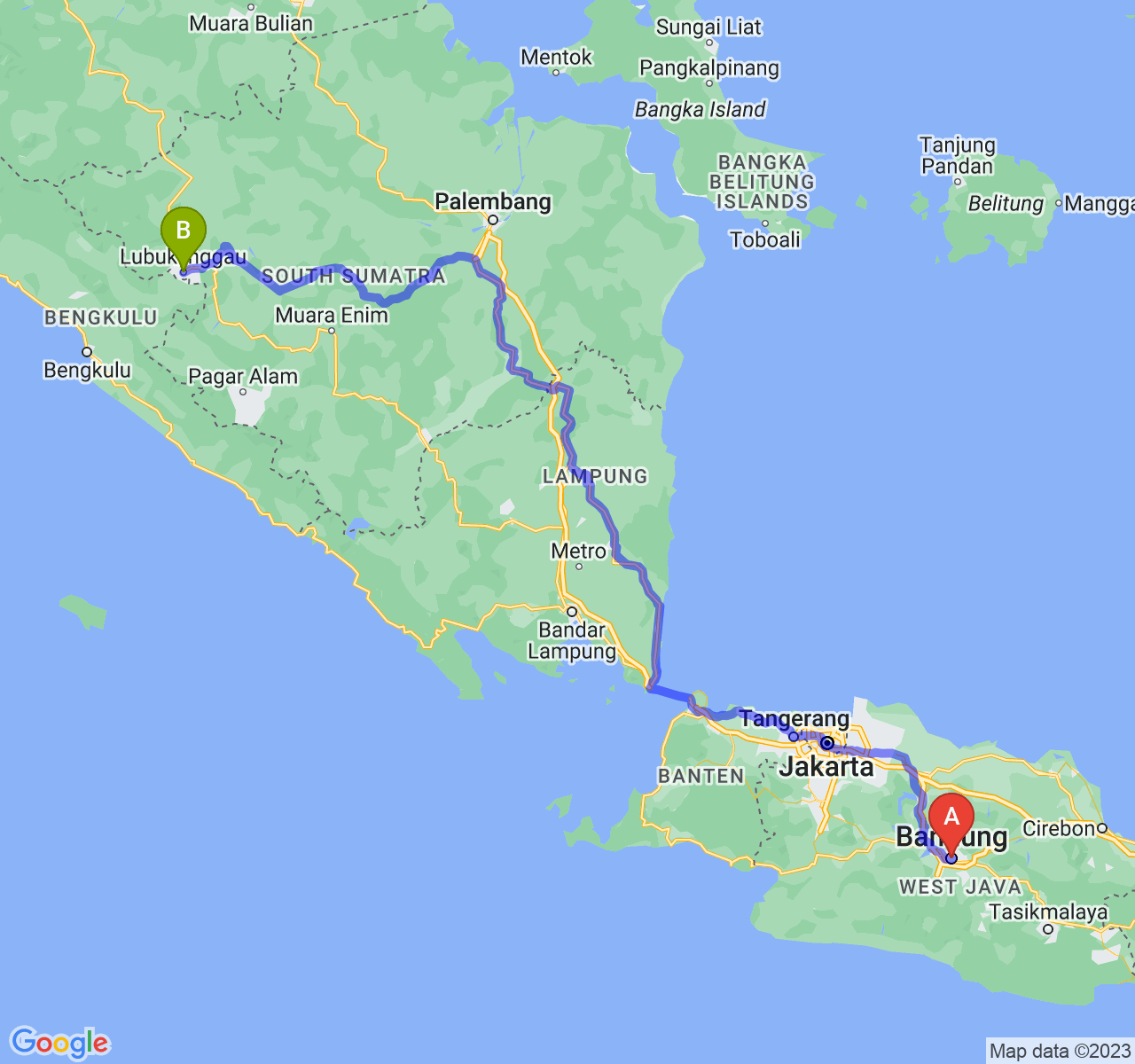 rute perjalanan Kota Bandung-Kota Lubuk Linggau