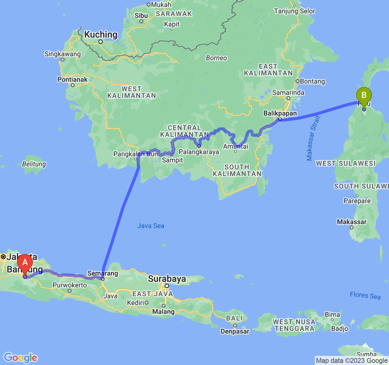 rute perjalanan Kota Bandung-Kota Palu