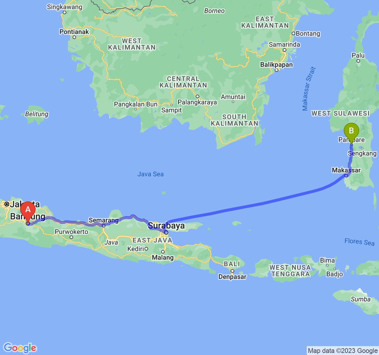 rute perjalanan Kota Bandung-Kota Parepare