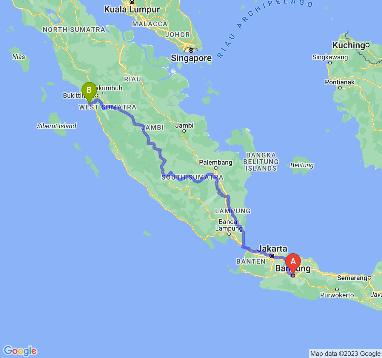 rute perjalanan Kota Bandung-Kota Pariaman