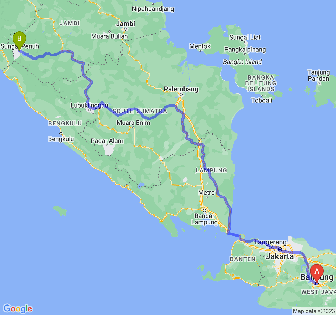 rute perjalanan Kota Bandung-Kota Sungai Penuh