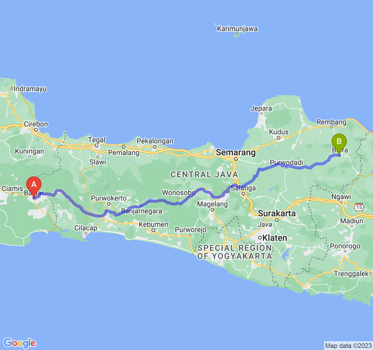 rute perjalanan Kota Banjar-Kab. Blora