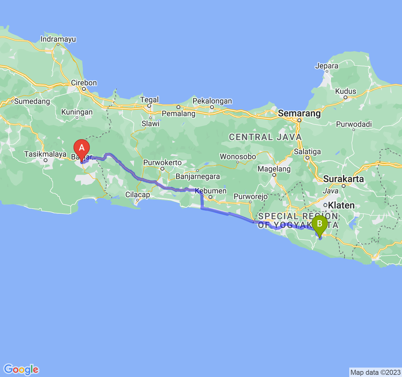 rute perjalanan Kota Banjar-Kab. Gunung Kidul