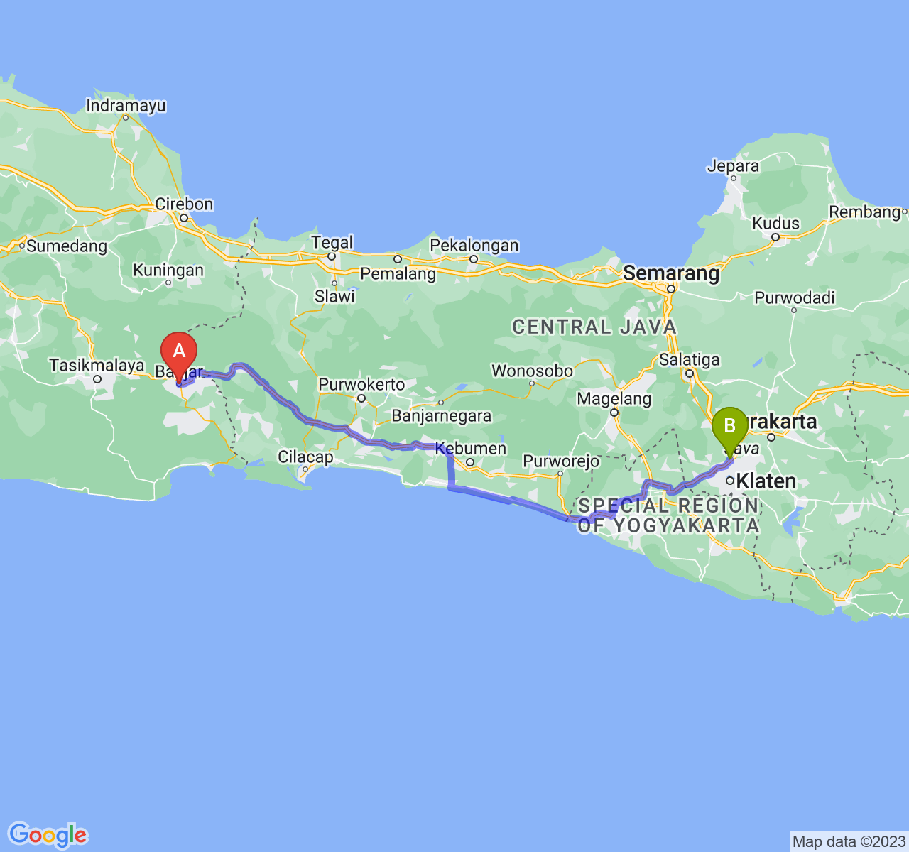 rute perjalanan Kota Banjar-Kab. Klaten