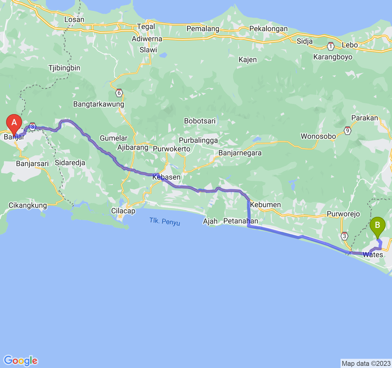 rute perjalanan Kota Banjar-Kab. Kulon Progo