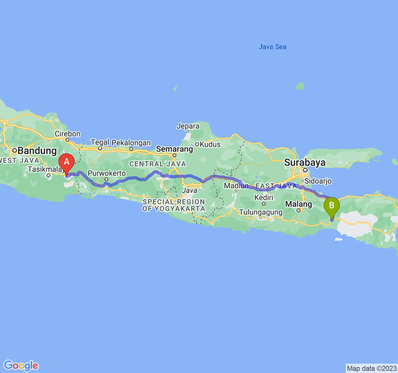 rute perjalanan Kota Banjar-Kab. Lumajang