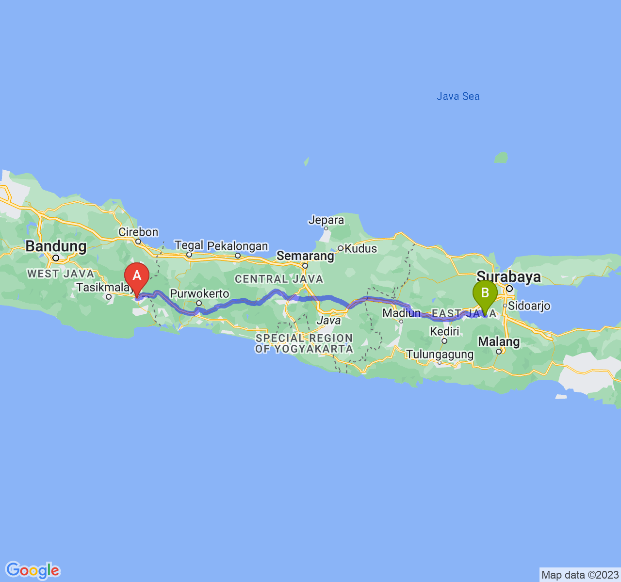 rute perjalanan Kota Banjar-Kab. Mojokerto