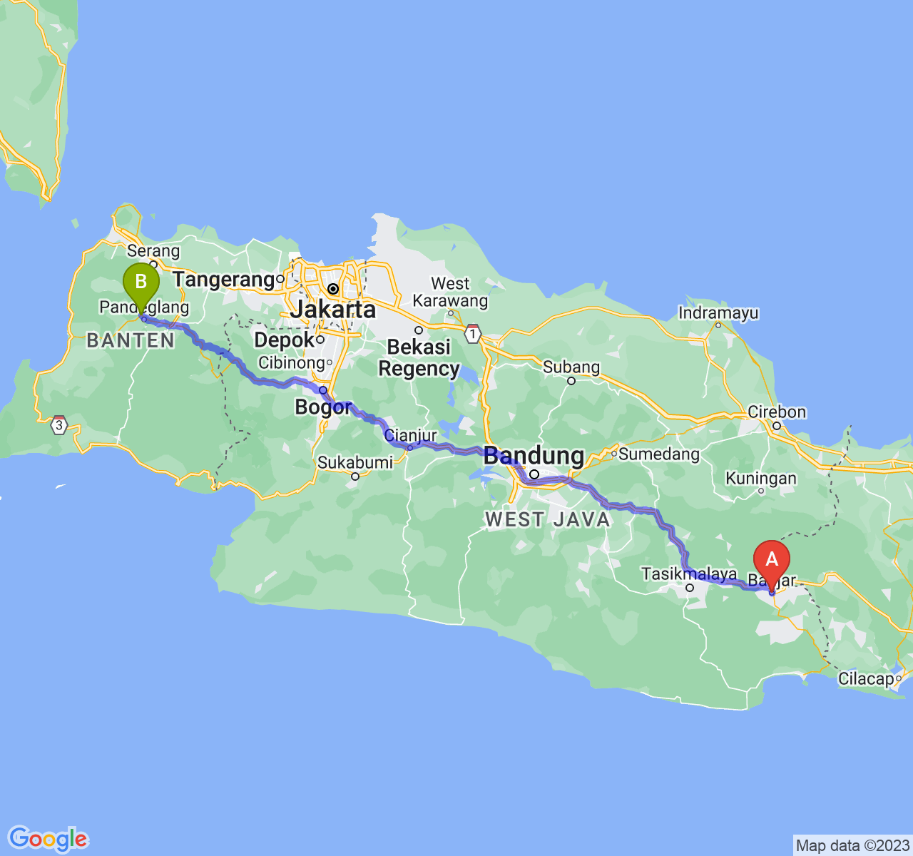 rute perjalanan Kota Banjar-Kab. Pandeglang