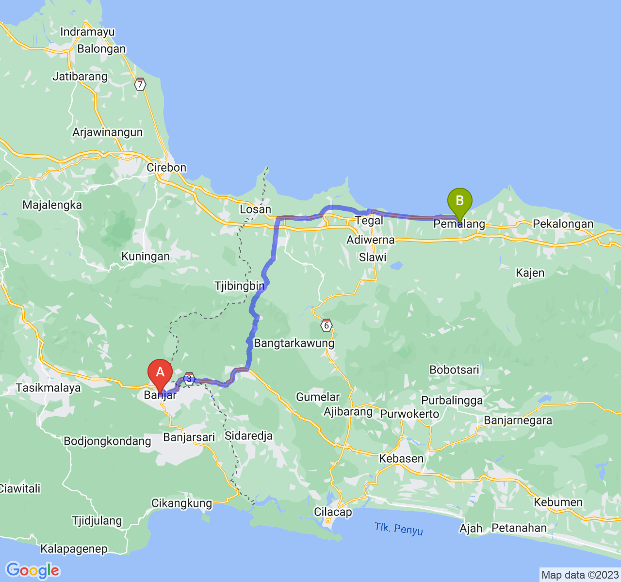 rute perjalanan Kota Banjar-Kab. Pemalang