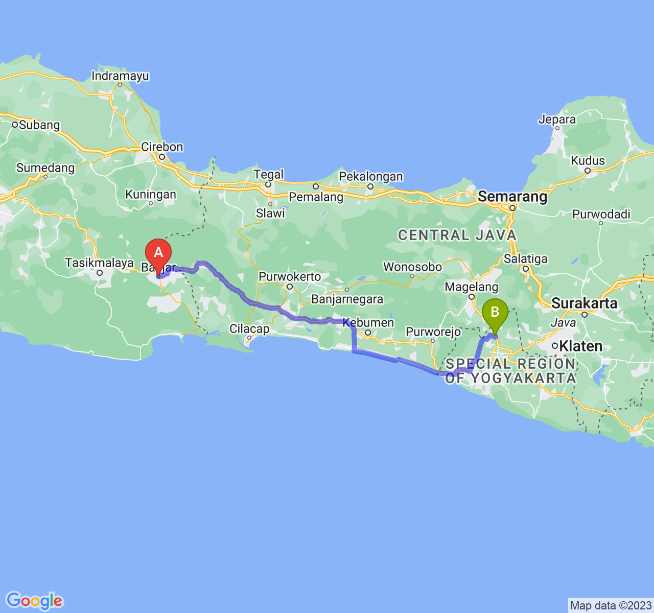 rute perjalanan Kota Banjar-Kab. Sleman