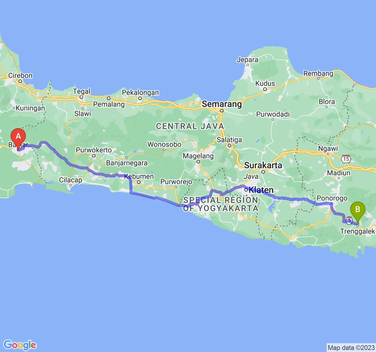 rute perjalanan Kota Banjar-Kab. Trenggalek