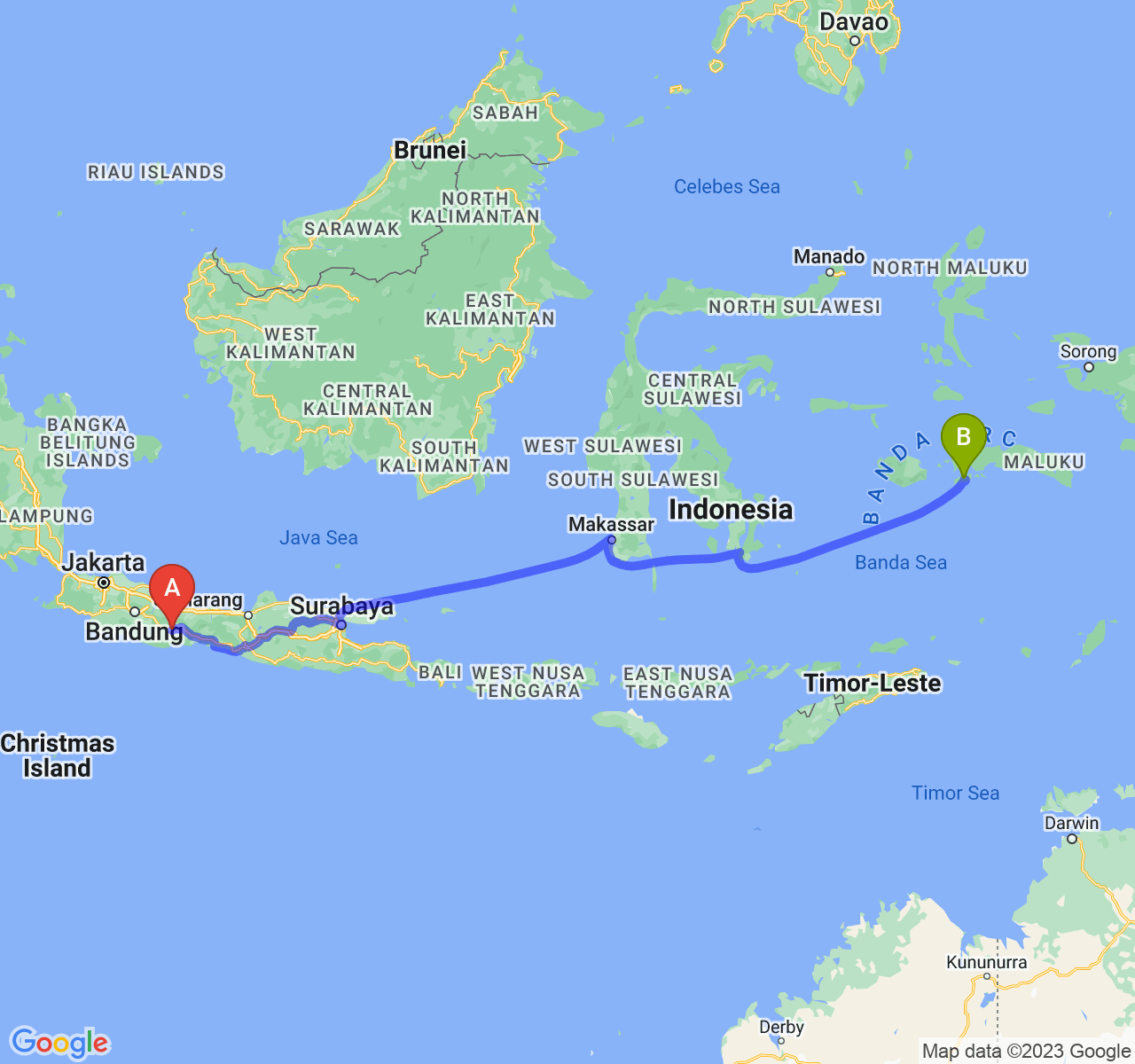 rute perjalanan Kota Banjar-Kota Ambon