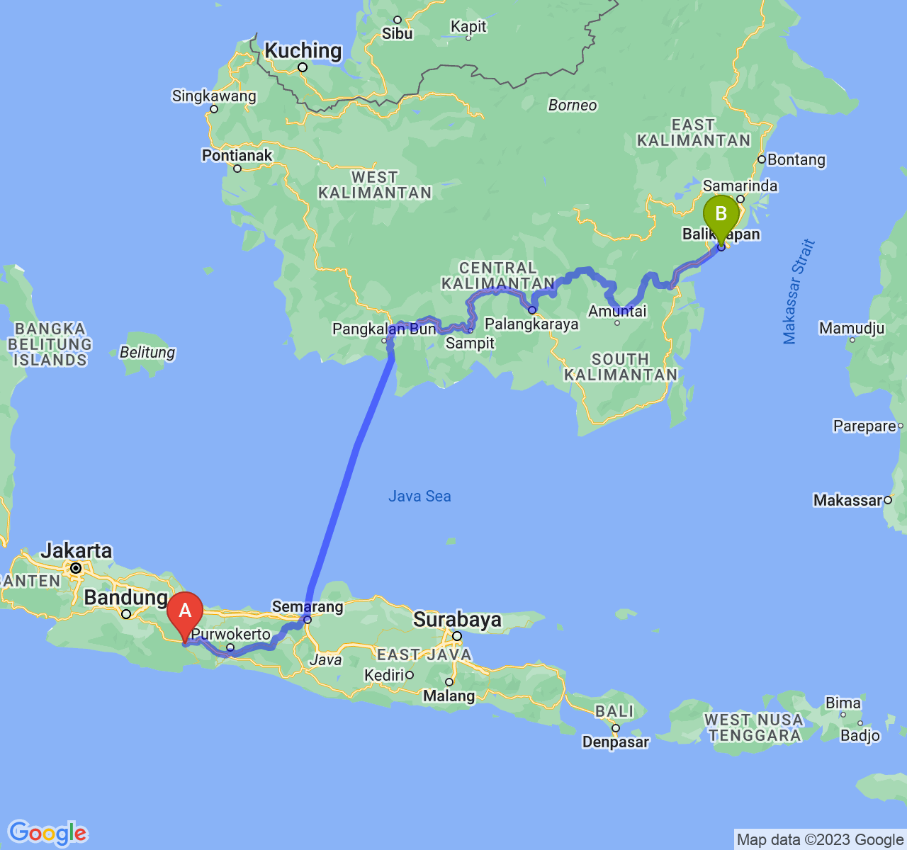 rute perjalanan Kota Banjar-Kota Balikpapan